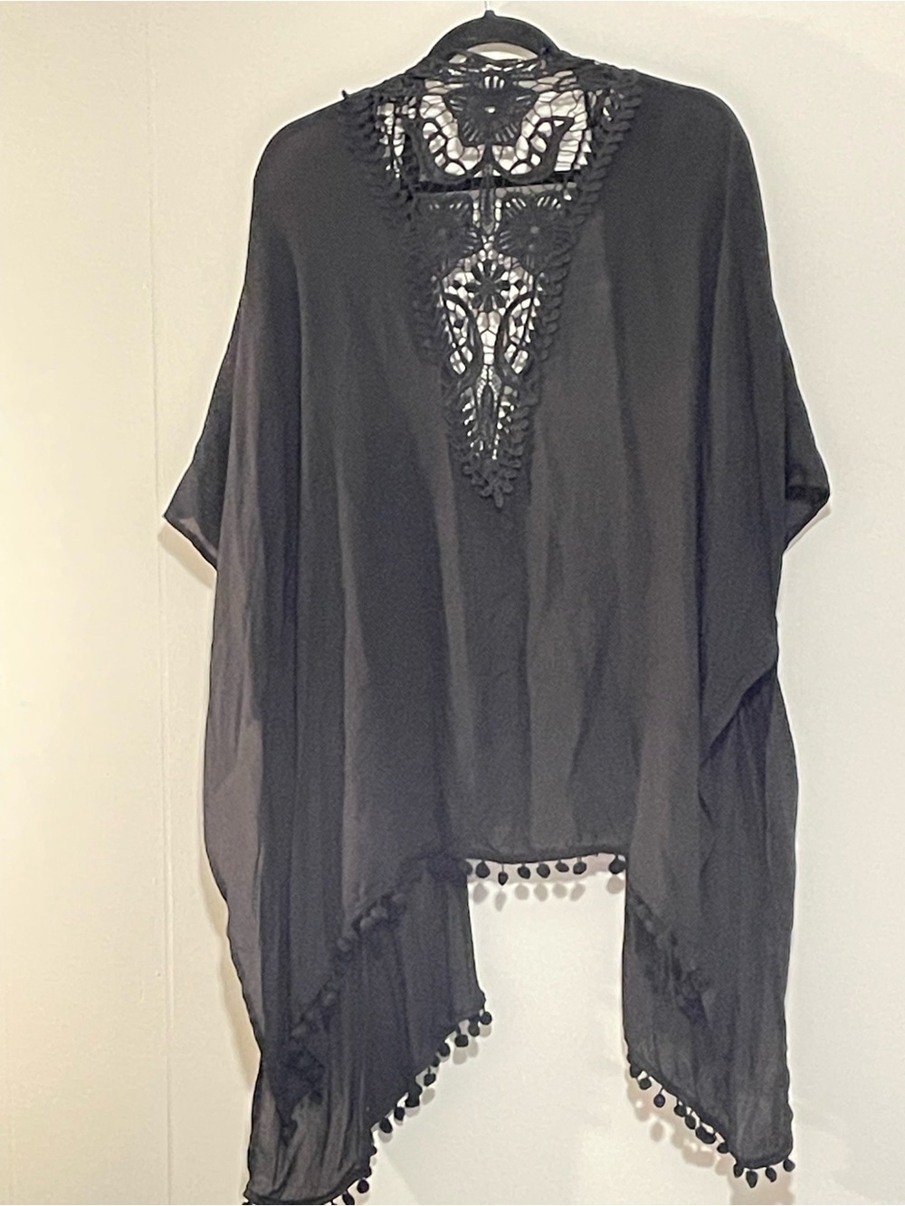 Black Crochet-Back Kimono with Pom Pom Trim